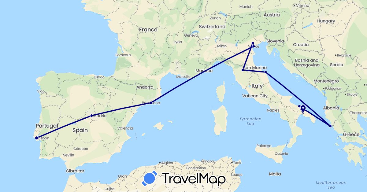 TravelMap itinerary: driving in Spain, Greece, Italy, Portugal (Europe)